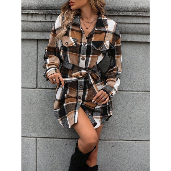 Plaid Print Belted button up Shirt Dress tan black white - Picture 4 of 6
